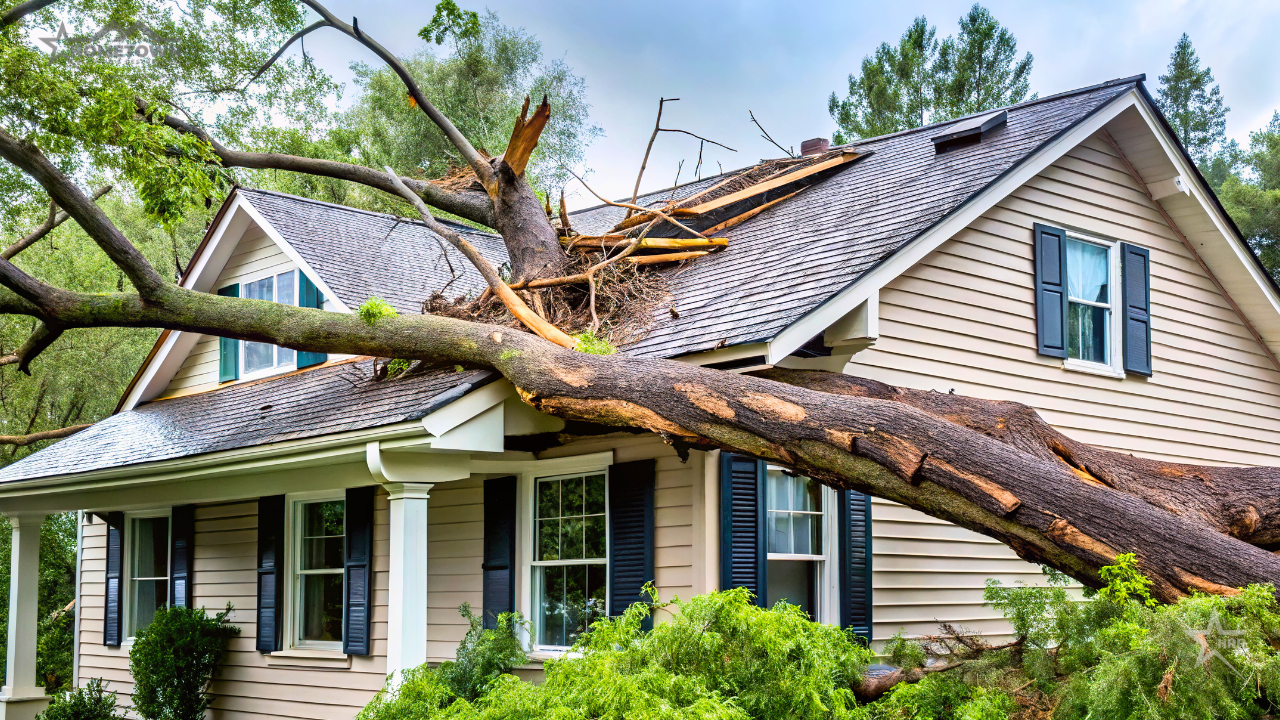 Tree falling on home damaging house roof. Hometown Roofing & Restoration Wind and Storm Damage Mitigation