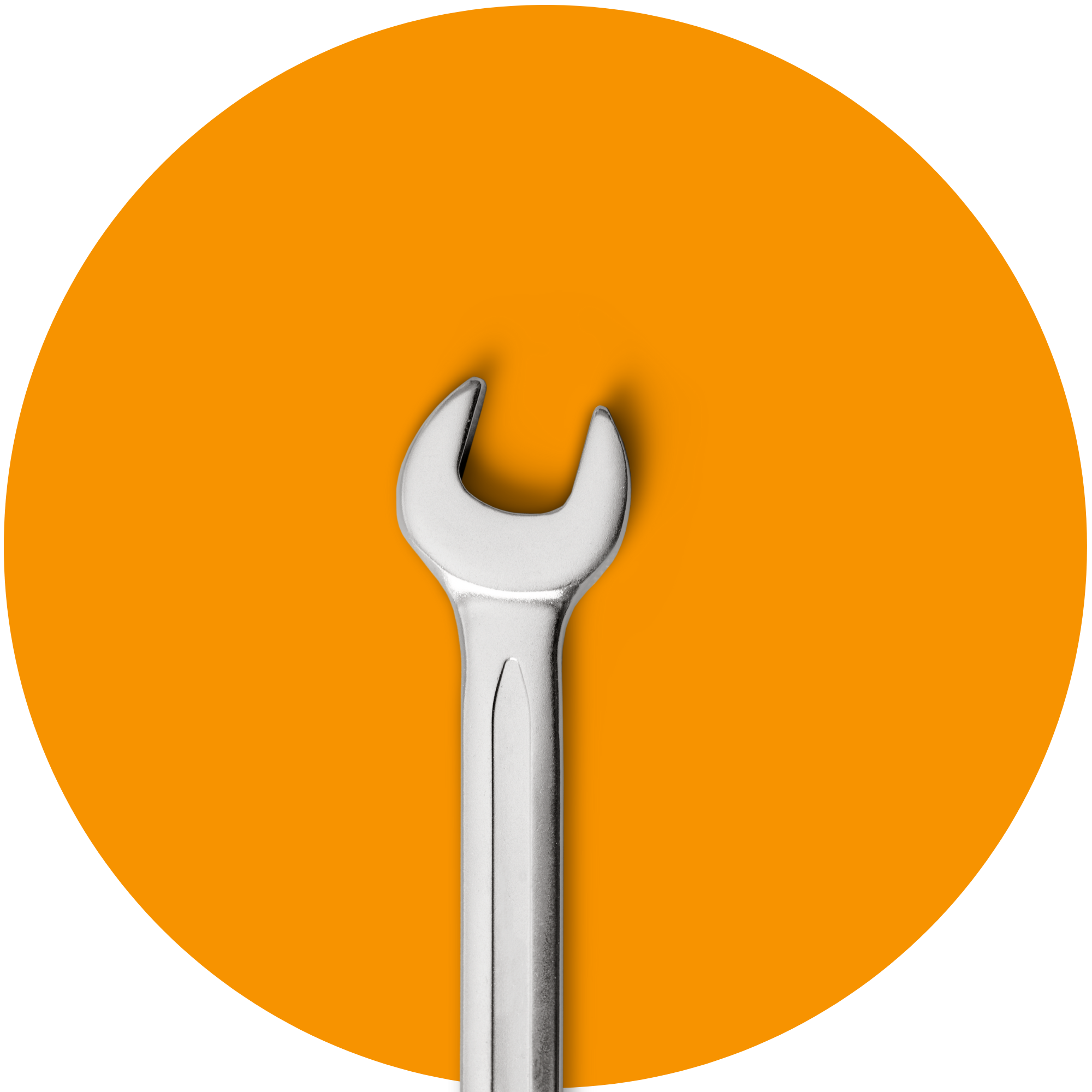 Ein Maulschlüssel auf einem orangen kreisförmigen Hintergrund und Newsletter von Handwerkseiten