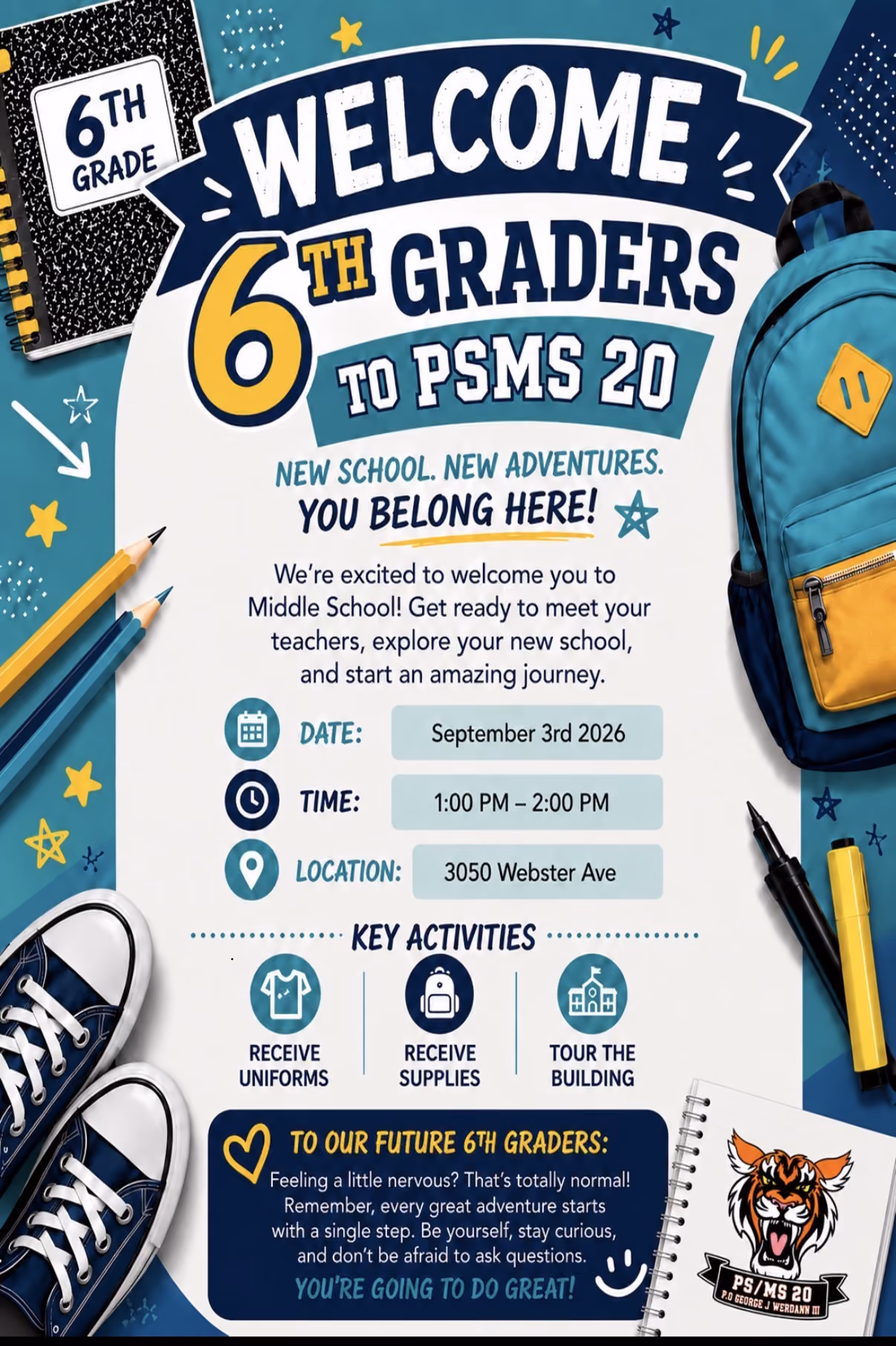 PSMS 20 sixth grade welcome event flyer September 3rd 2026