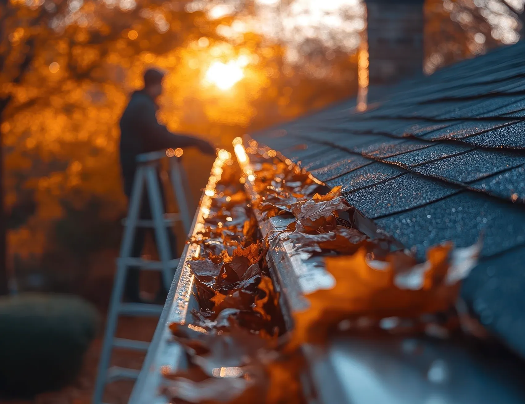 Wet roof gutter filled with autumn leaves at sunset with blurred person on ladder in background.
