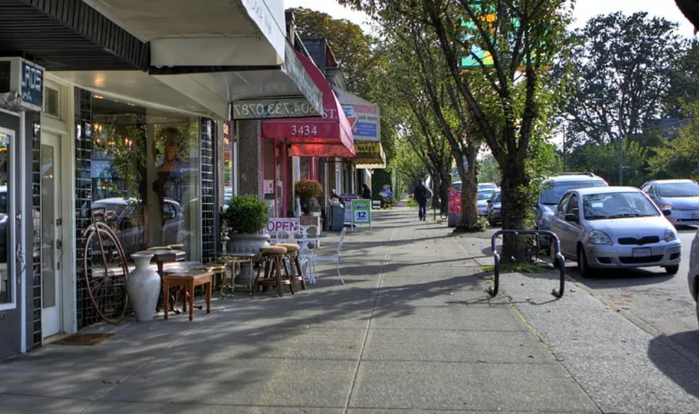 Sunny sidewalk with storefronts displaying outdoor furniture and plants, lined with trees and parked cars.