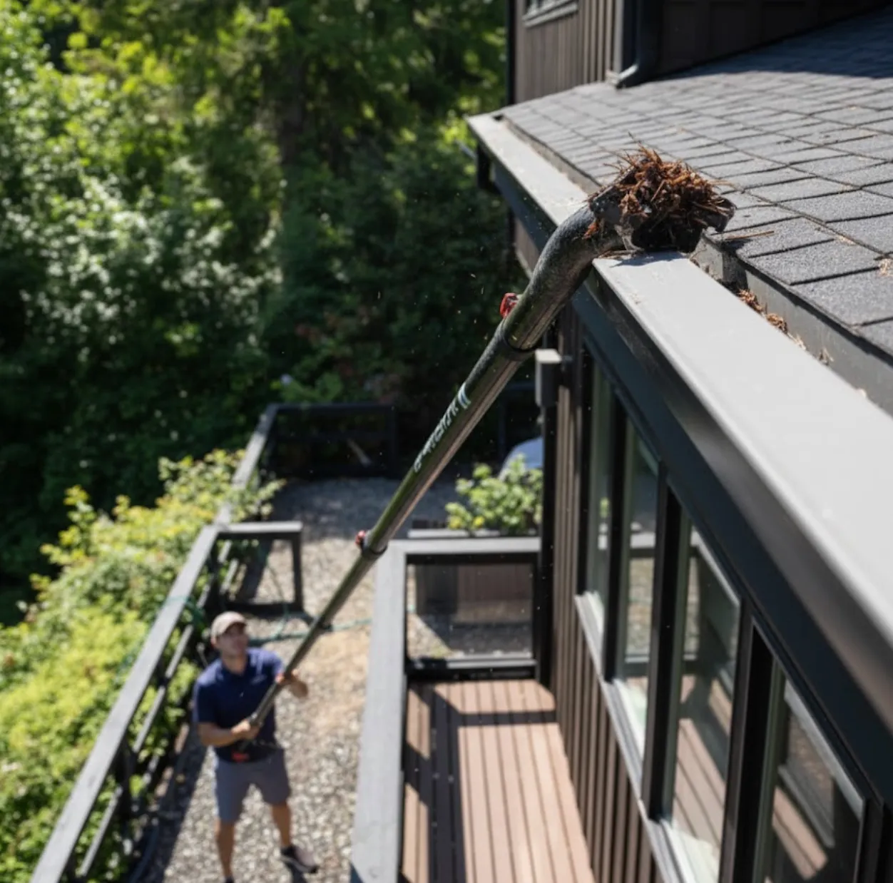 Person using an extended pole vacuum to clean debris from a house gutter.