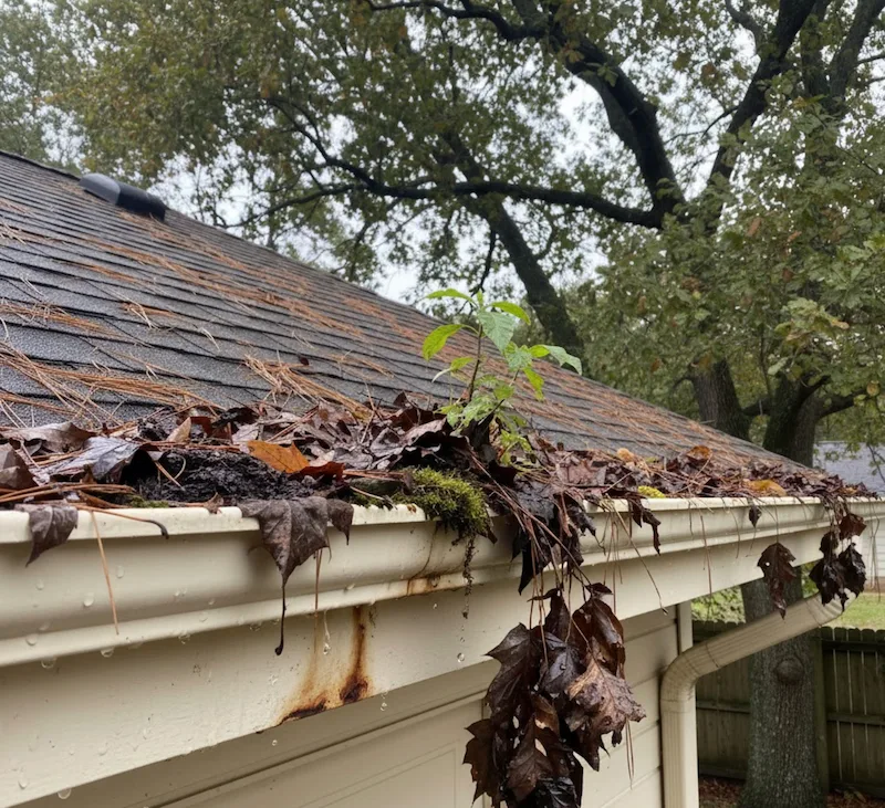 Clogged house gutter in Vancouver filled with leaves, moss, and debris before professional gutter cleaning service.