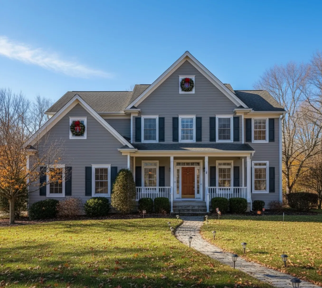 Large two-story gray house with black shutters, decorated with Christmas wreaths on the gables.