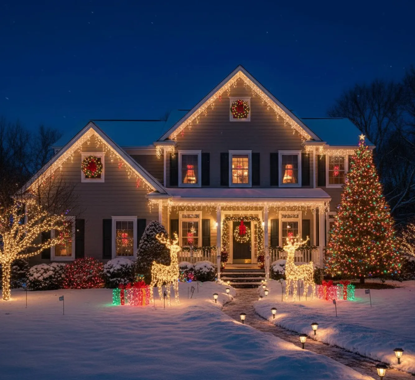 Snow-covered house decorated with Christmas lights, wreaths, two lit reindeer, and a large decorated tree.