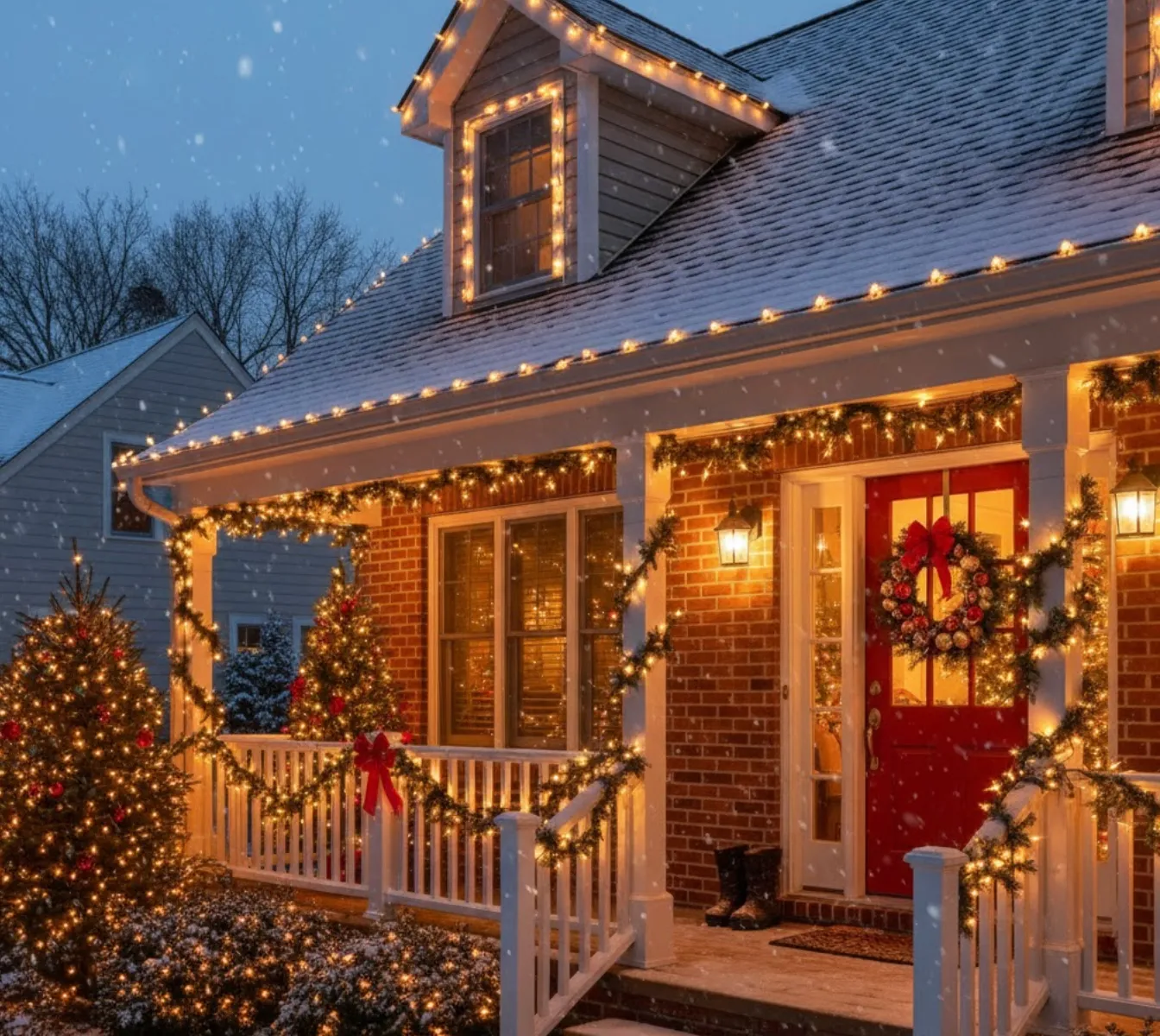 Snowy house decorated with Christmas lights, wreath on red door, and lit trees on porch and yard.