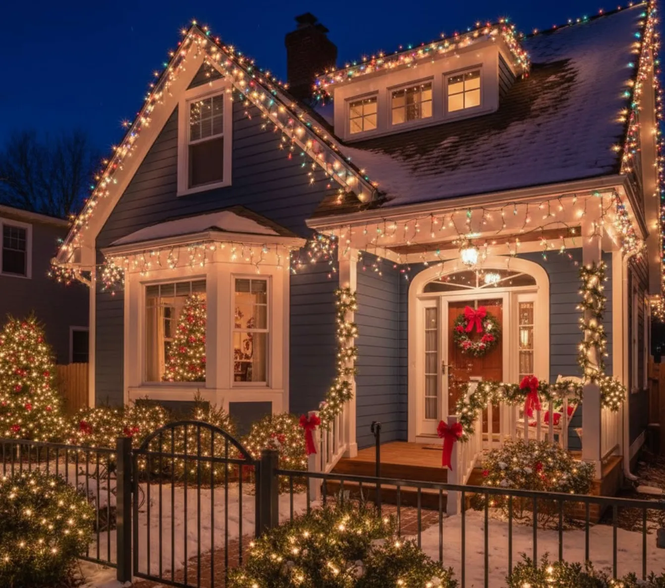 Blue house with Christmas lights, wreath on door, decorated bushes, and a lit tree inside window.
