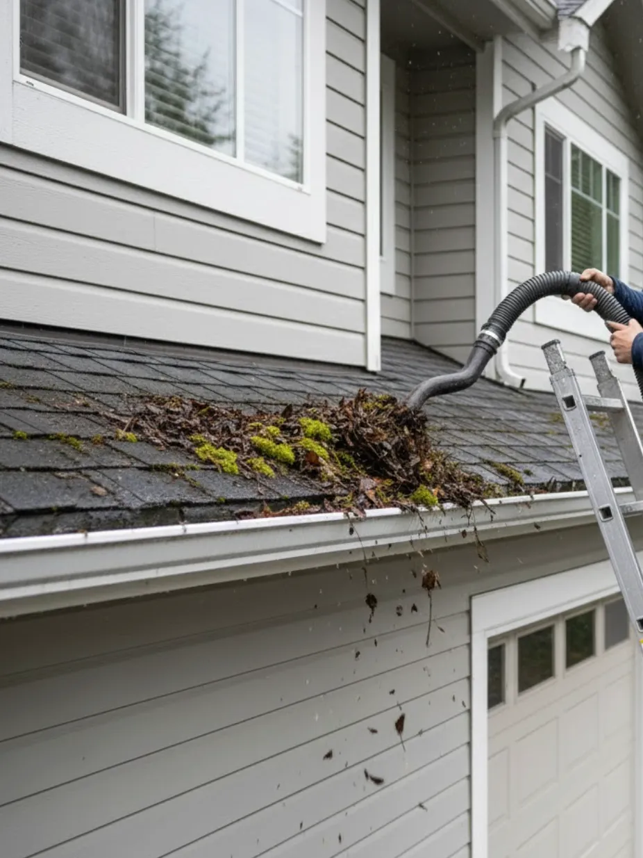 Person using a vacuum hose to clean leaves and moss off a house roof while standing on a ladder.