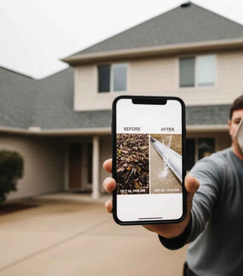 Hand holding phone showing before-and-after photos of cleaned gutter with water flow outside house.