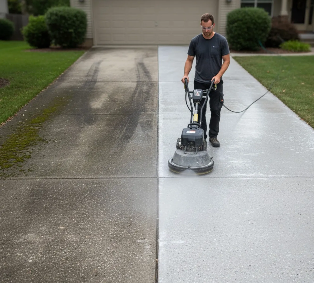 Man wearing safety glasses using a power washer to clean a concrete driveway, showing a clear contrast between the cleaned and dirty sections.
