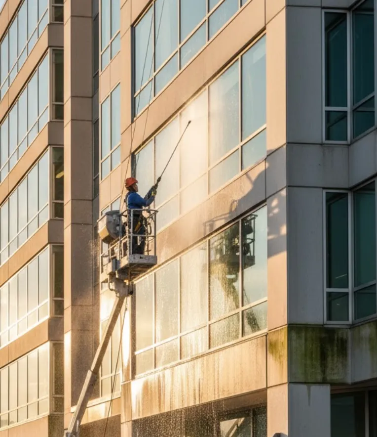 Worker wearing blue and red safety helmet cleaning building windows using high-pressure water from an elevated platform.