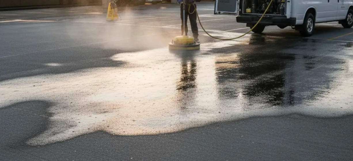 Person operating a floor cleaning machine spraying water on an asphalt surface next to a white maintenance van.