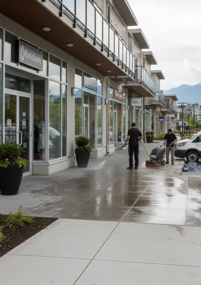 Two workers power washing a wet sidewalk in front of modern storefronts with mountains in the background.