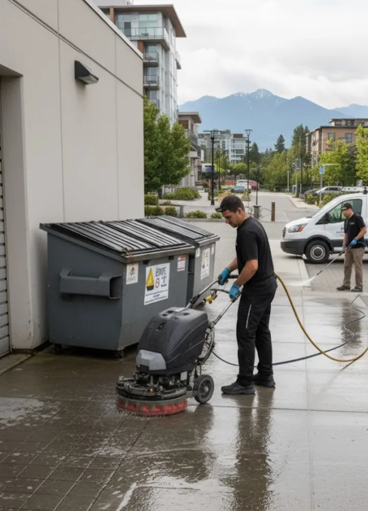 Two men cleaning an outdoor sidewalk area near dumpsters using floor scrubbers and hoses, with buildings and mountains in the background.