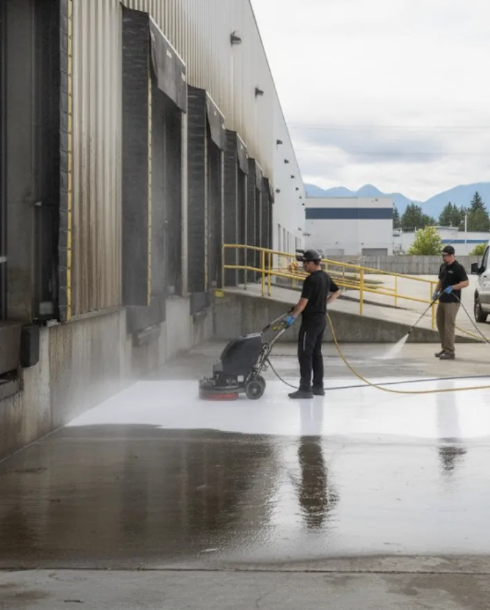 Two workers pressure washing and scrubbing an outdoor concrete surface near a warehouse loading dock.