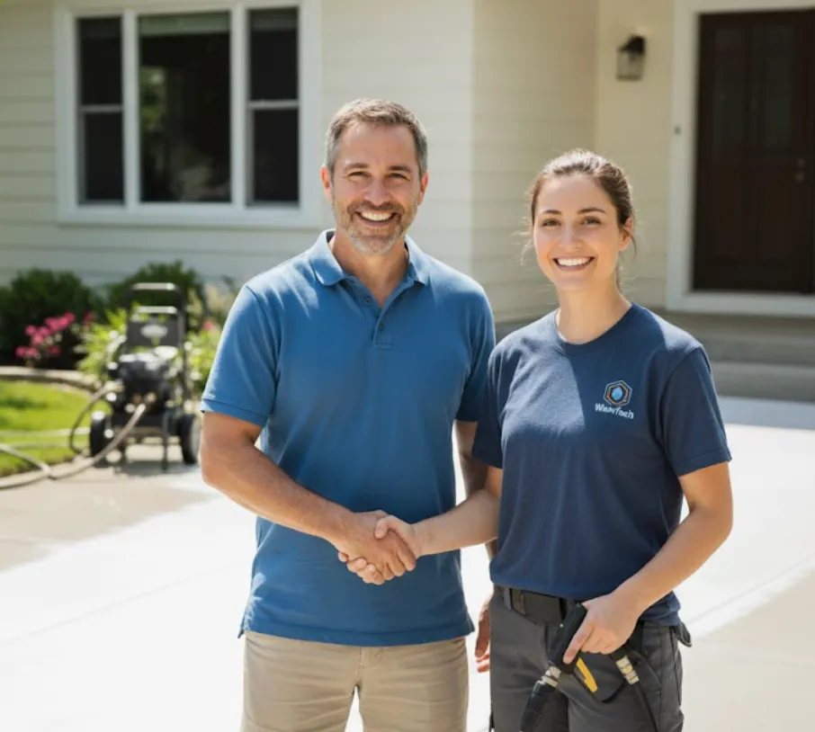 Man and woman smiling and shaking hands outside a house, woman holding a pressure washer hose.