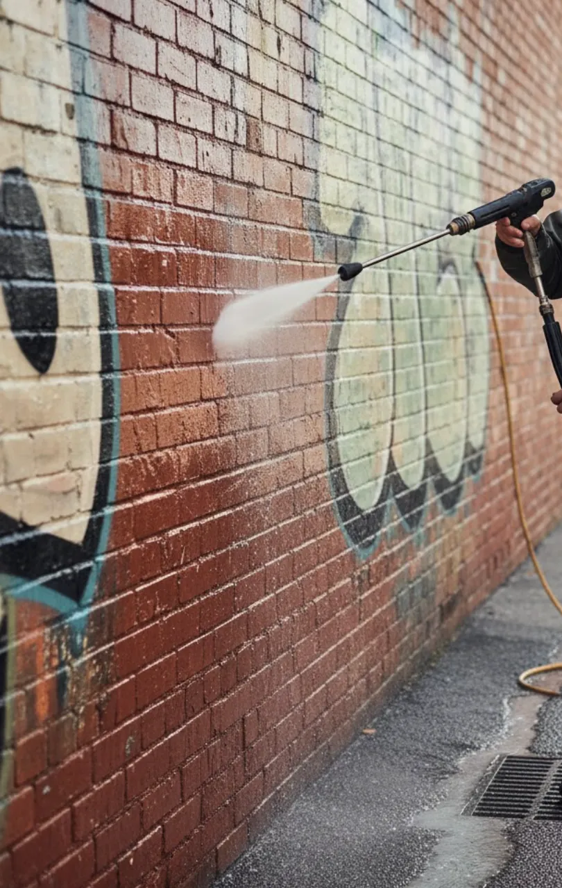 Person power washing graffiti on a red brick wall with water spraying from the nozzle.