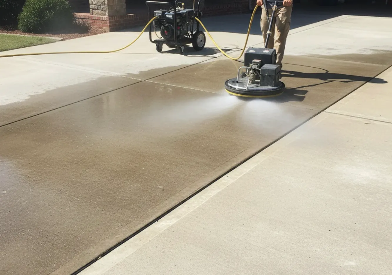 Person using a power washer to clean a driveway, showing a clear line between cleaned and dirty sections.