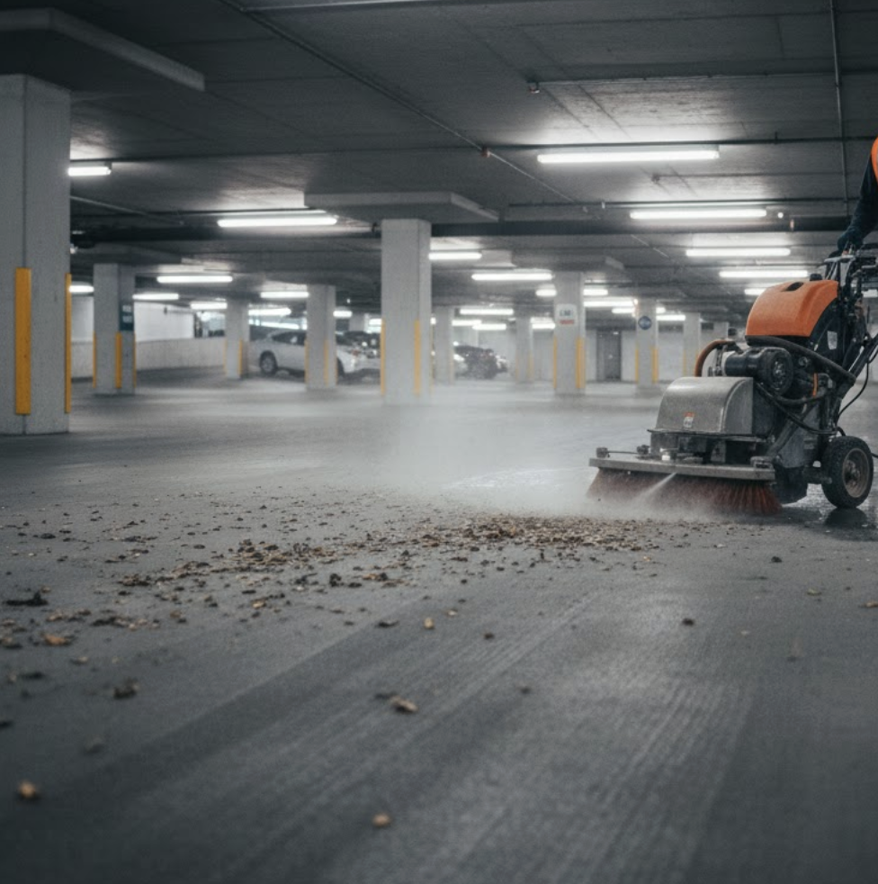 Worker using an orange floor cleaning machine to sweep debris in a dimly lit parking garage.