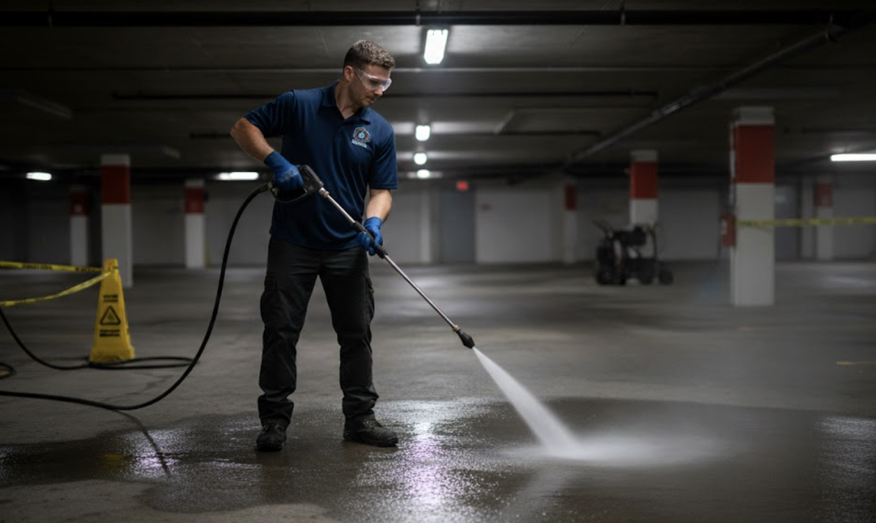 Gutter cleaning on multi-story building in Vancouver.