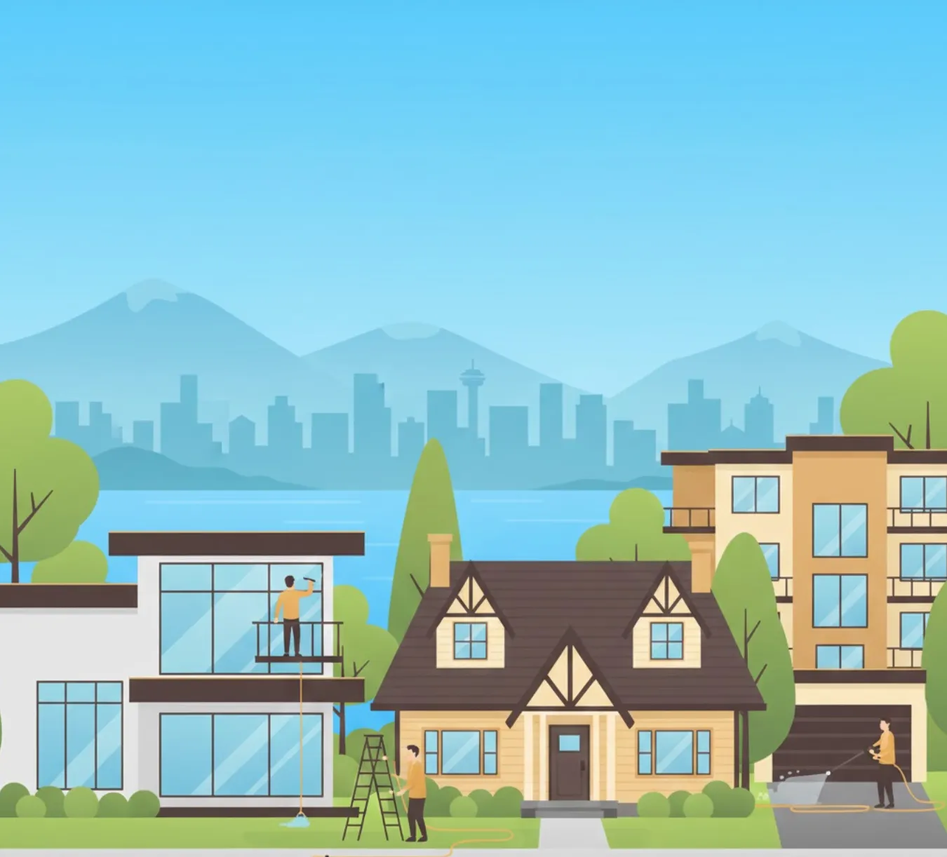 Three houses with people cleaning windows and washing a car by a lake with mountains and city skyline beyond.