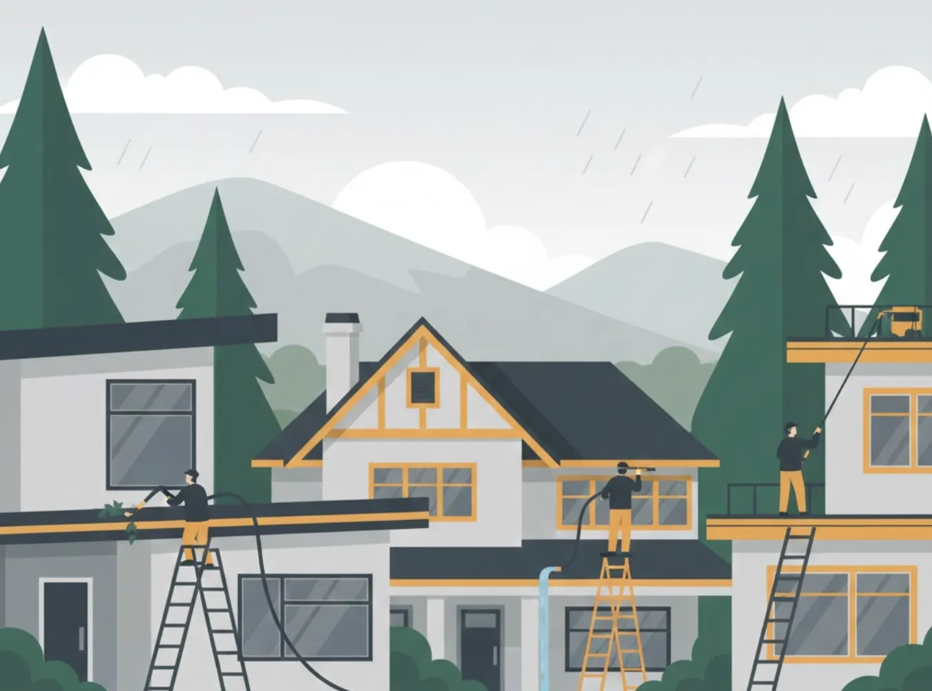 Illustration of three workers pressure washing house exteriors during light rain in a forested mountain area.