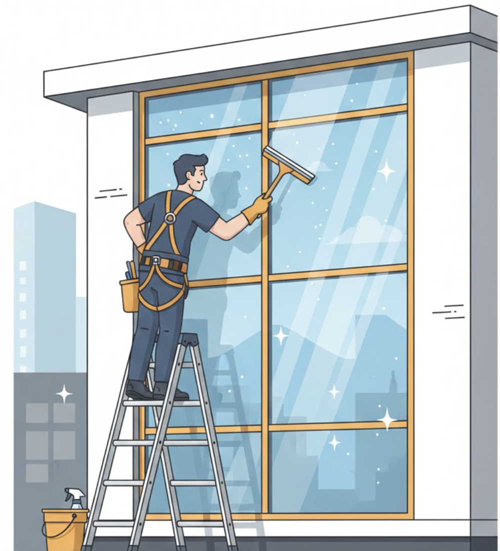 Two window cleaners suspended on harnesses cleaning a tall glass building with a cityscape and waterfront in the background.