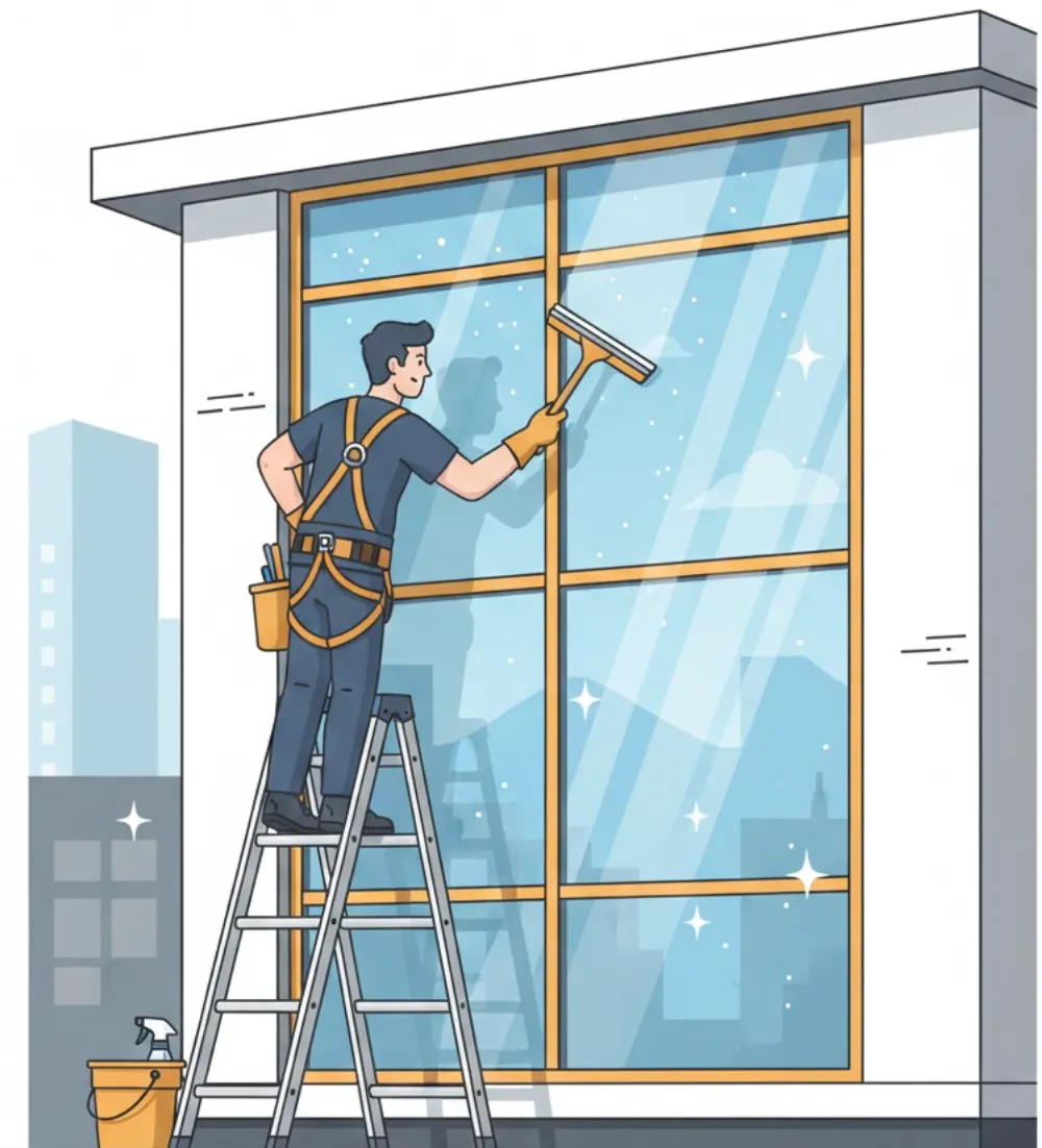 Two window cleaners suspended on harnesses cleaning a tall glass building with a cityscape and waterfront in the background.