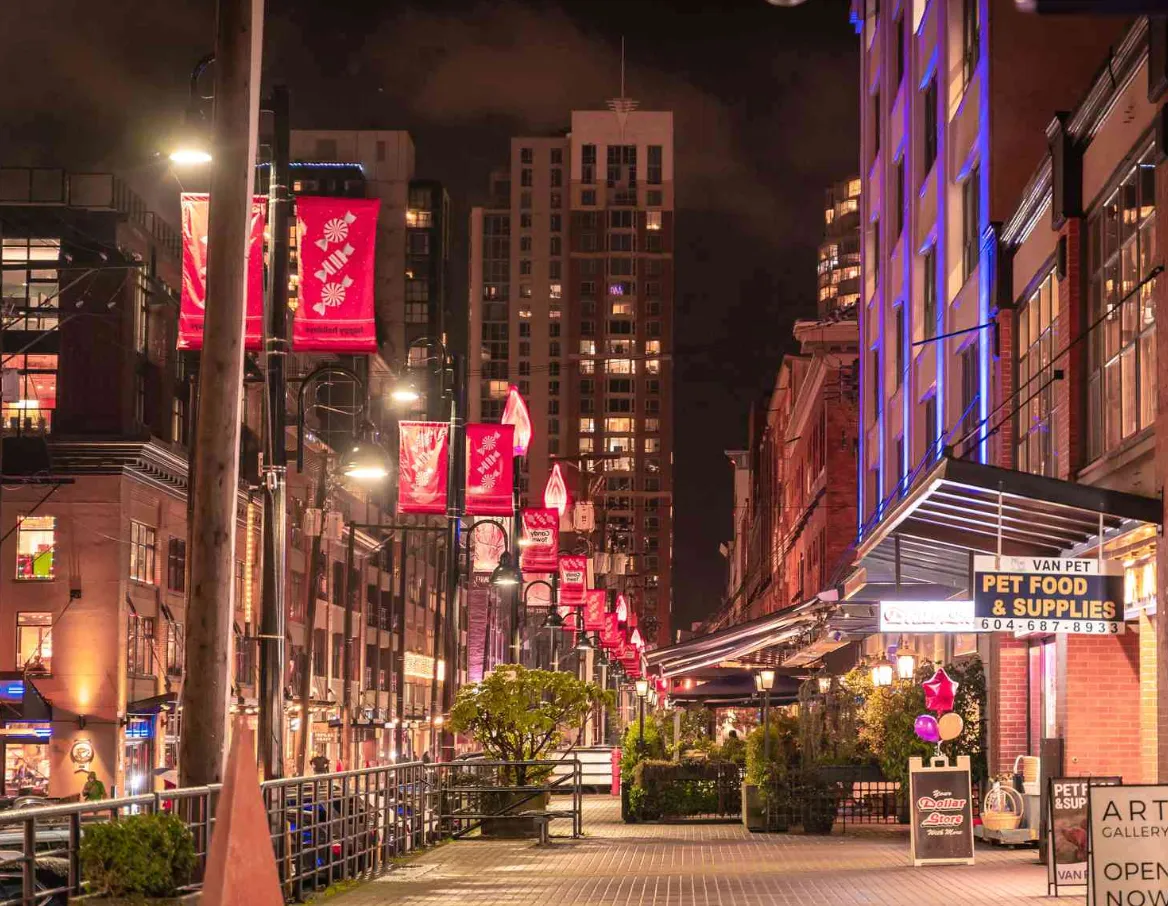 Night street scene with lit buildings, red banners, and storefronts including a pet food and supplies store.