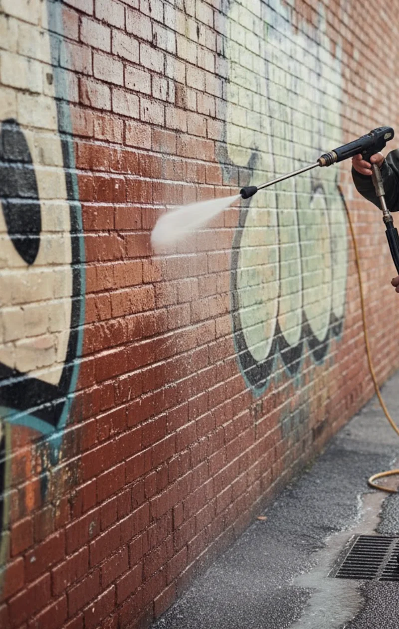 Graffiti removal pressure washing for Vancouver showing high-pressure cleaning removing graffiti from a brick exterior wall.