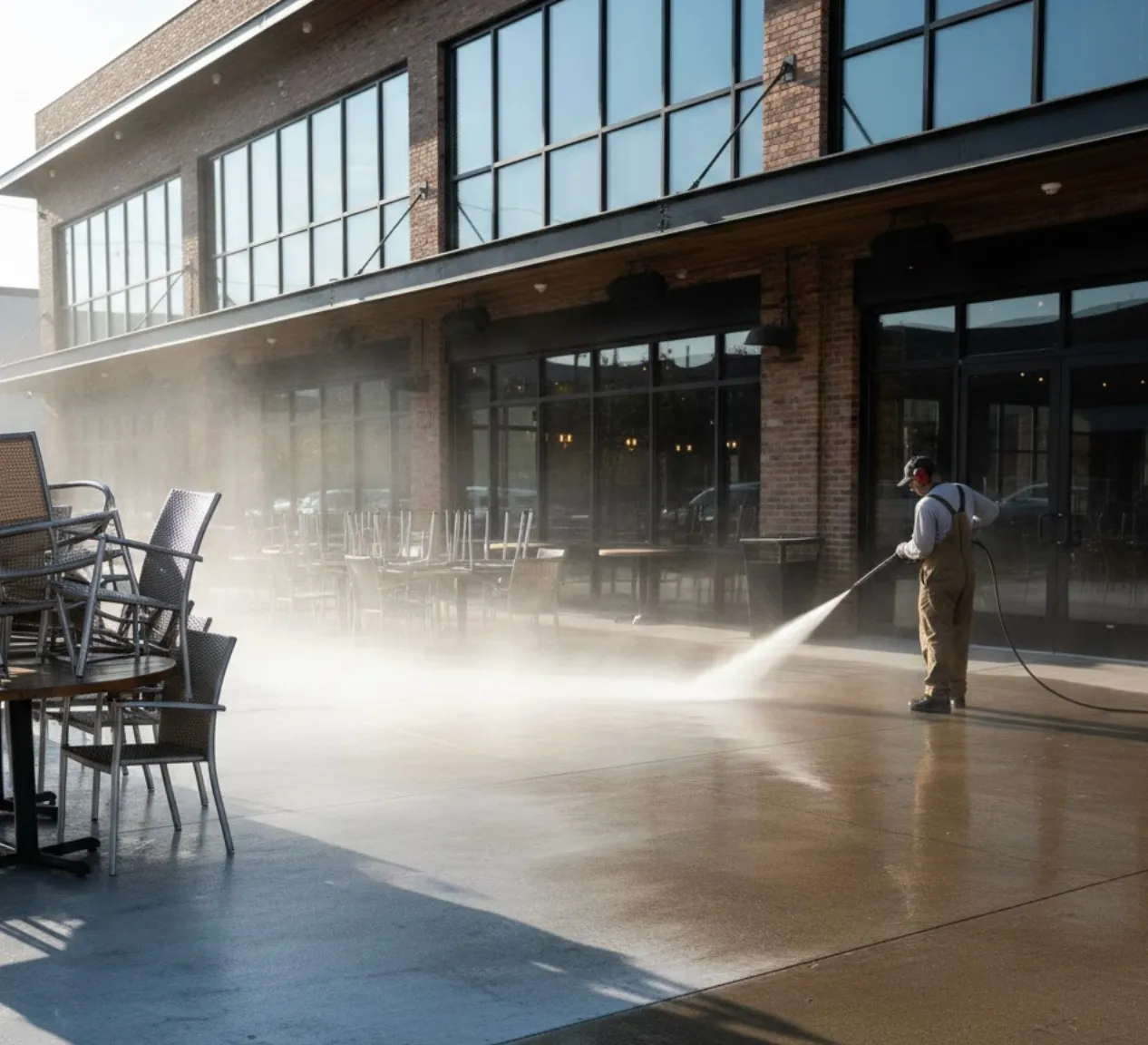 Wide shot of pressure washing for restaurants. Restaurant patio being cleaned. Outdoor dining area with tables and chairs stacked to the side. Wet concrete showing clean vs dirty contrast. Morning light before opening. Restaurant storefront visible in background with large windows. Technician small in frame, restaurant prominent.