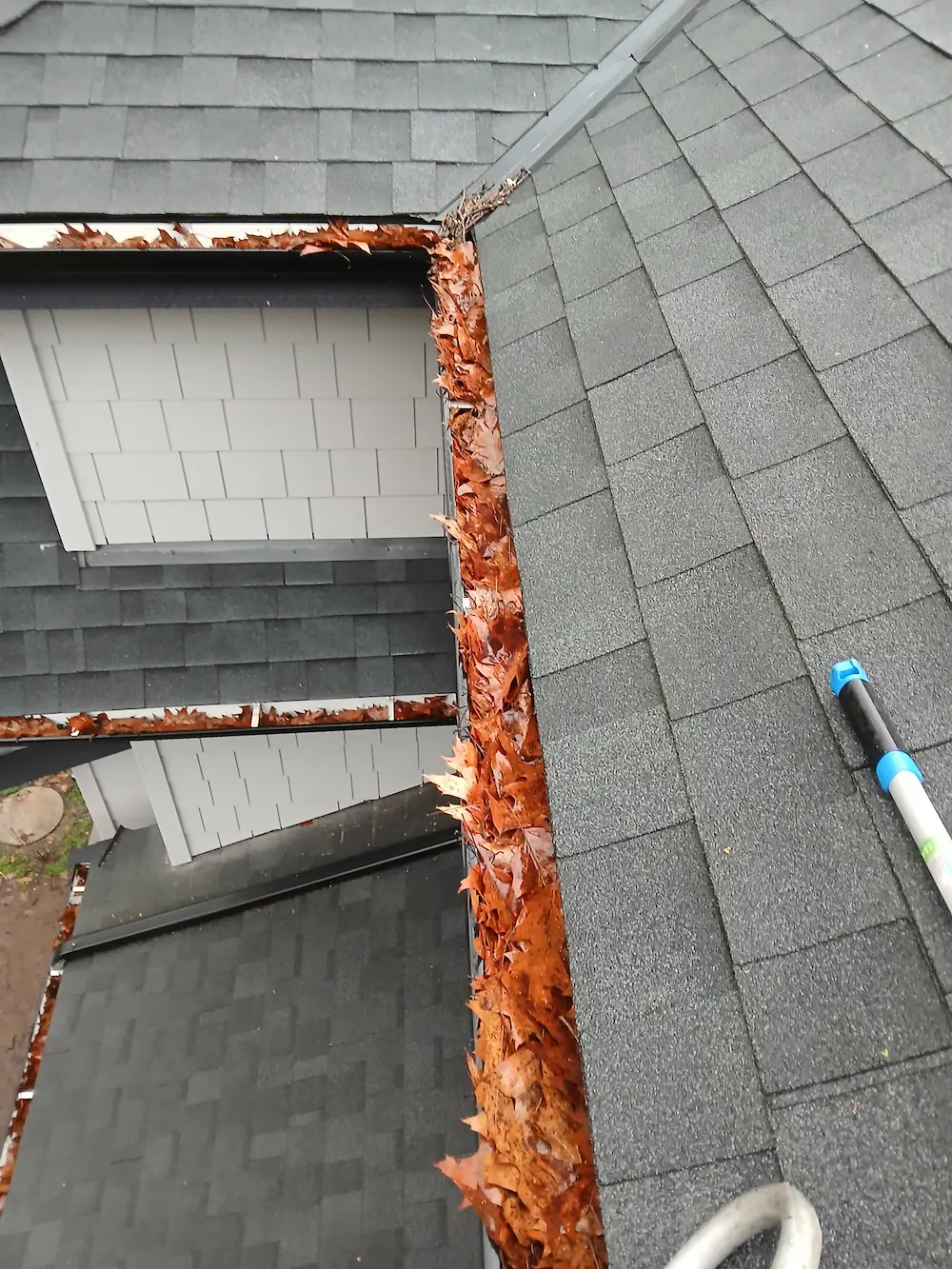 Clogged residential gutters filled with wet leaves and debris before professional gutter cleaning on a Vancouver home.