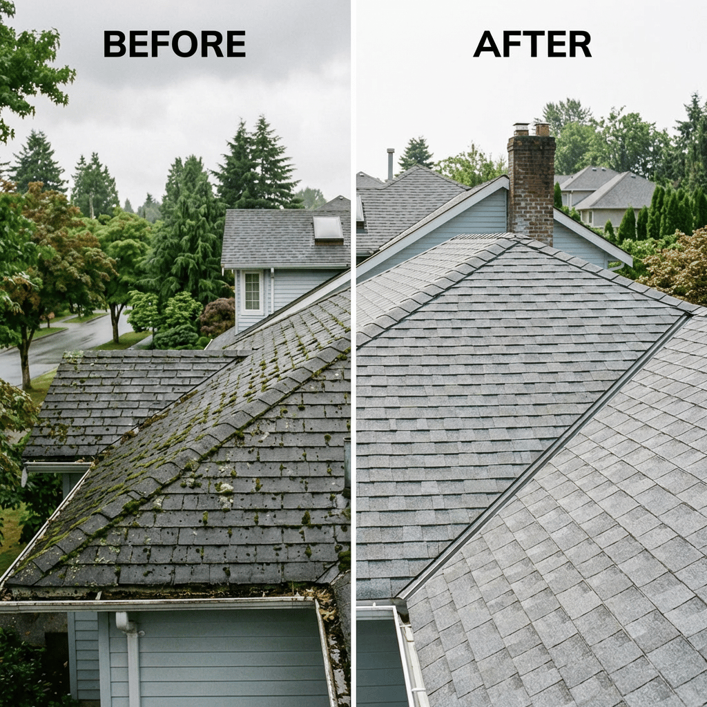 Vancouver home with heavy moss and algae buildup on asphalt shingles before professional roof cleaning vancouver and moss removal