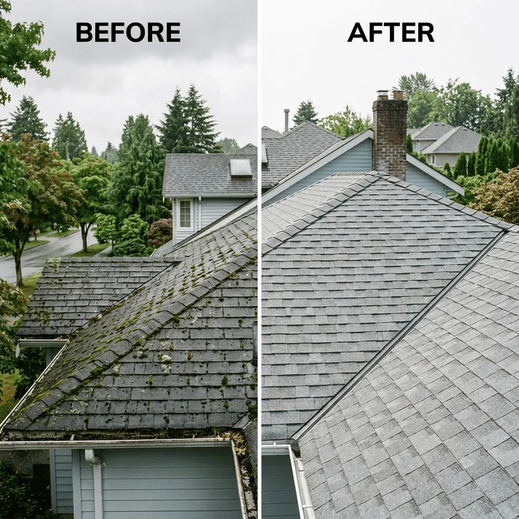 Vancouver home with heavy moss and algae buildup on asphalt shingles before professional roof cleaning vancouver and moss removal