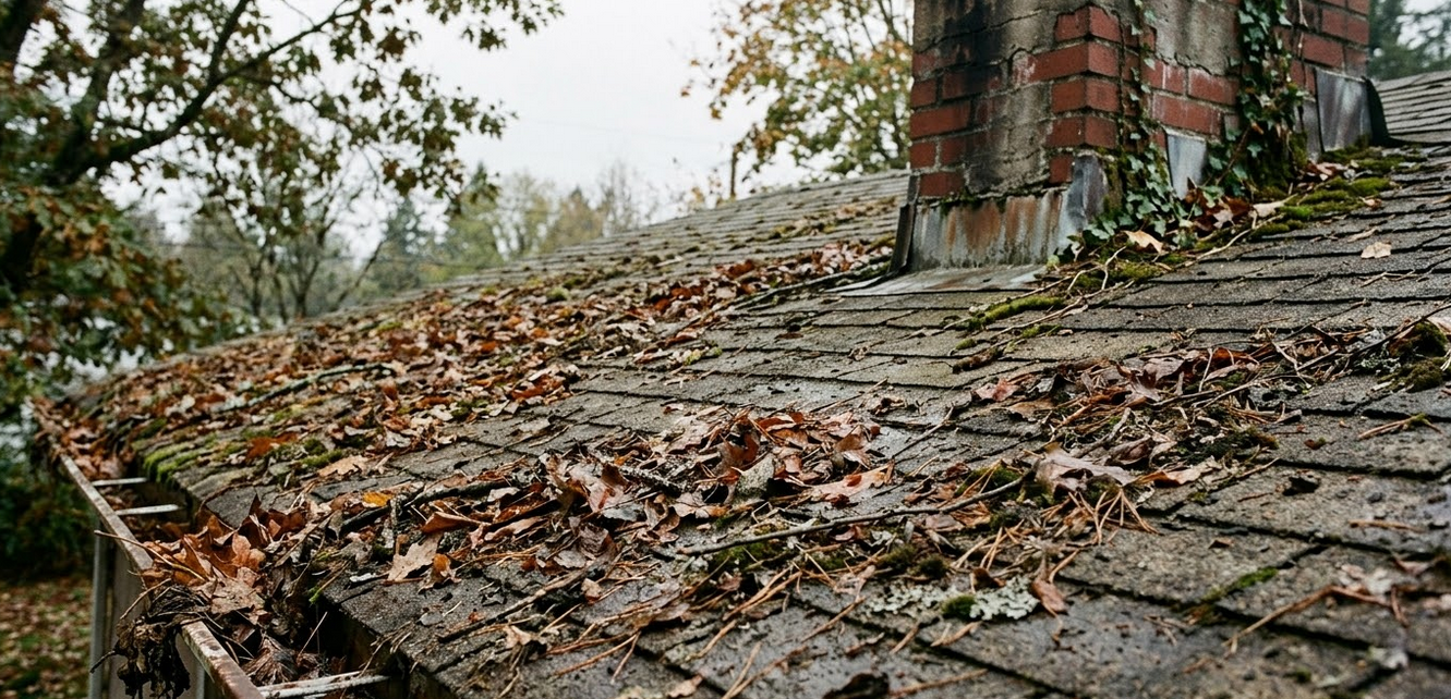 Shingle roof covered with dead leaves, pine needles, and moss near a brick chimney with ivy growing on it.