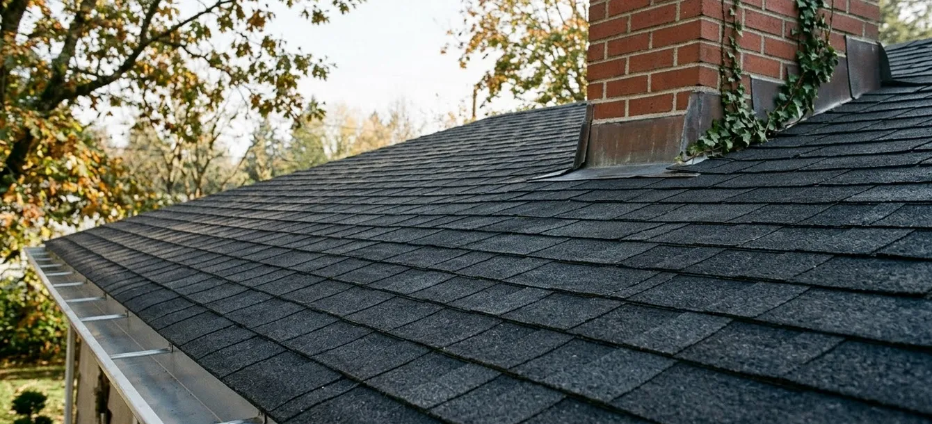 House roof with dark asphalt shingles and a brick chimney partially covered by climbing ivy.