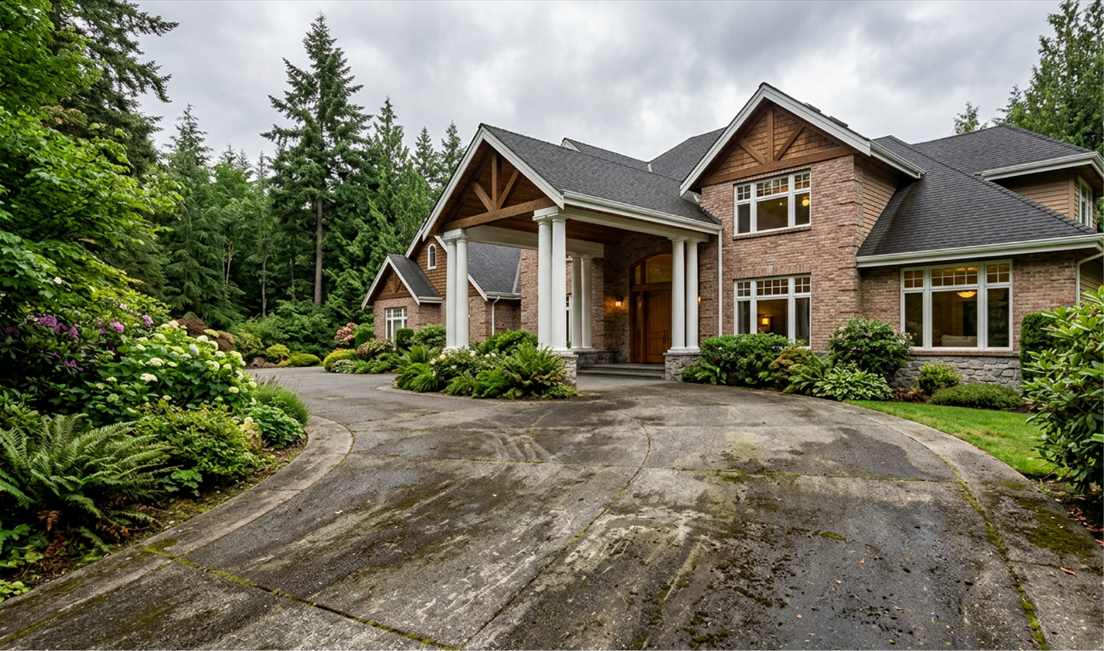 Shingle roof covered with dead leaves, pine needles, and moss near a brick chimney with ivy growing on it.