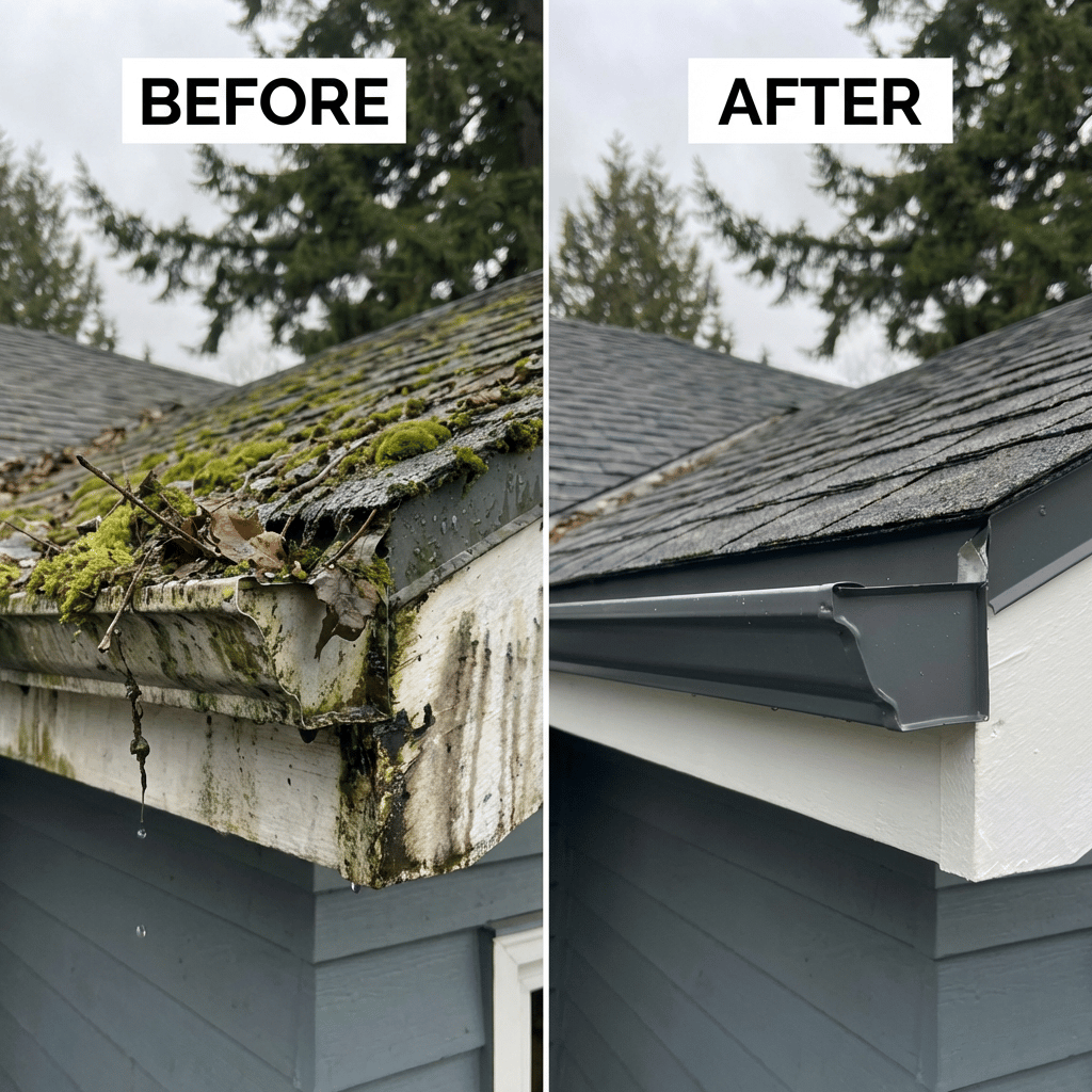 Vancouver home with heavy moss and algae buildup on asphalt shingles before professional roof cleaning vancouver and moss removal