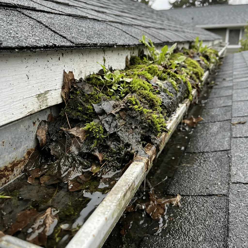 Shingle roof covered with dead leaves, pine needles, and moss near a brick chimney with ivy growing on it.