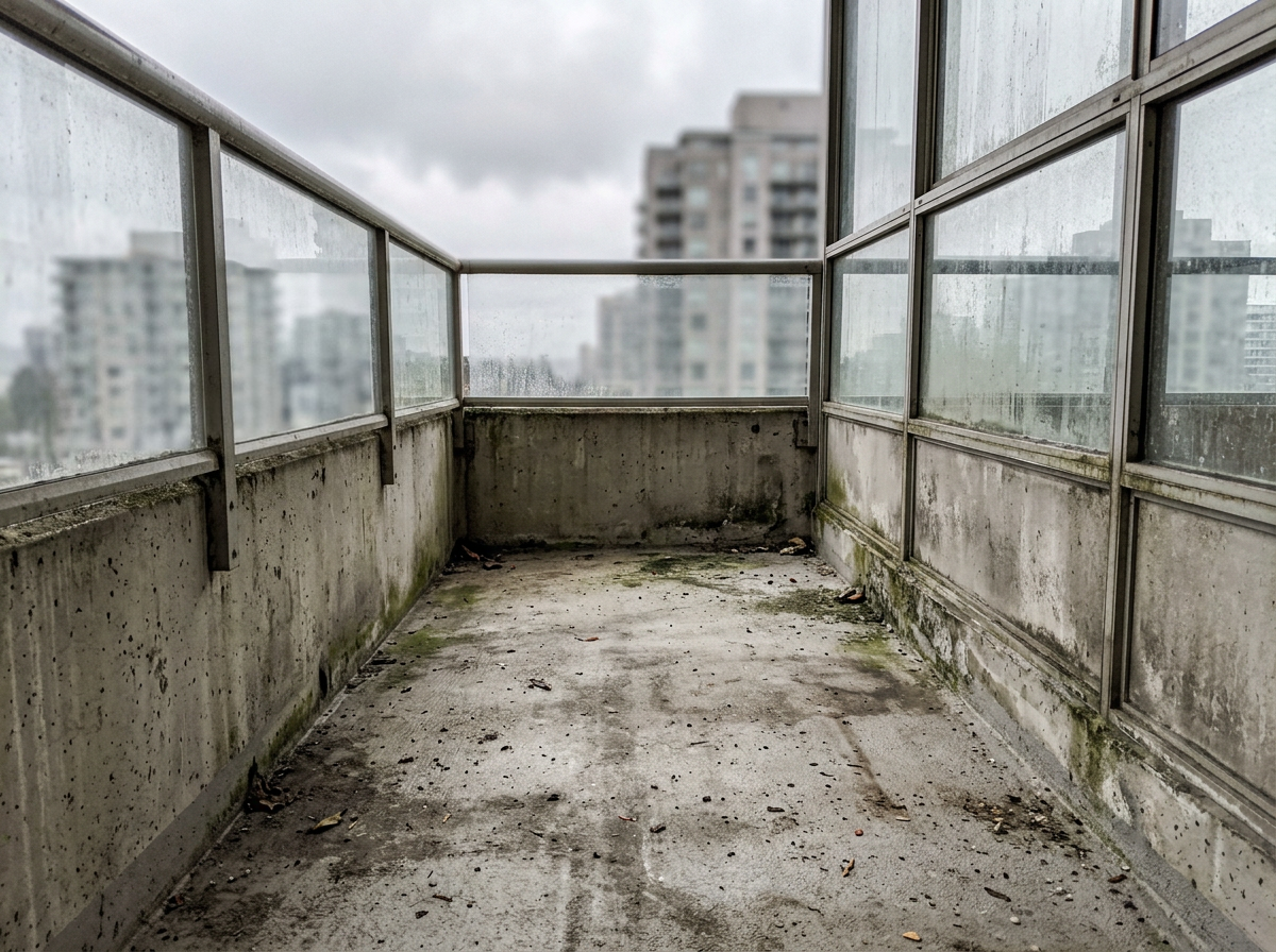 Shingle roof covered with dead leaves, pine needles, and moss near a brick chimney with ivy growing on it.
