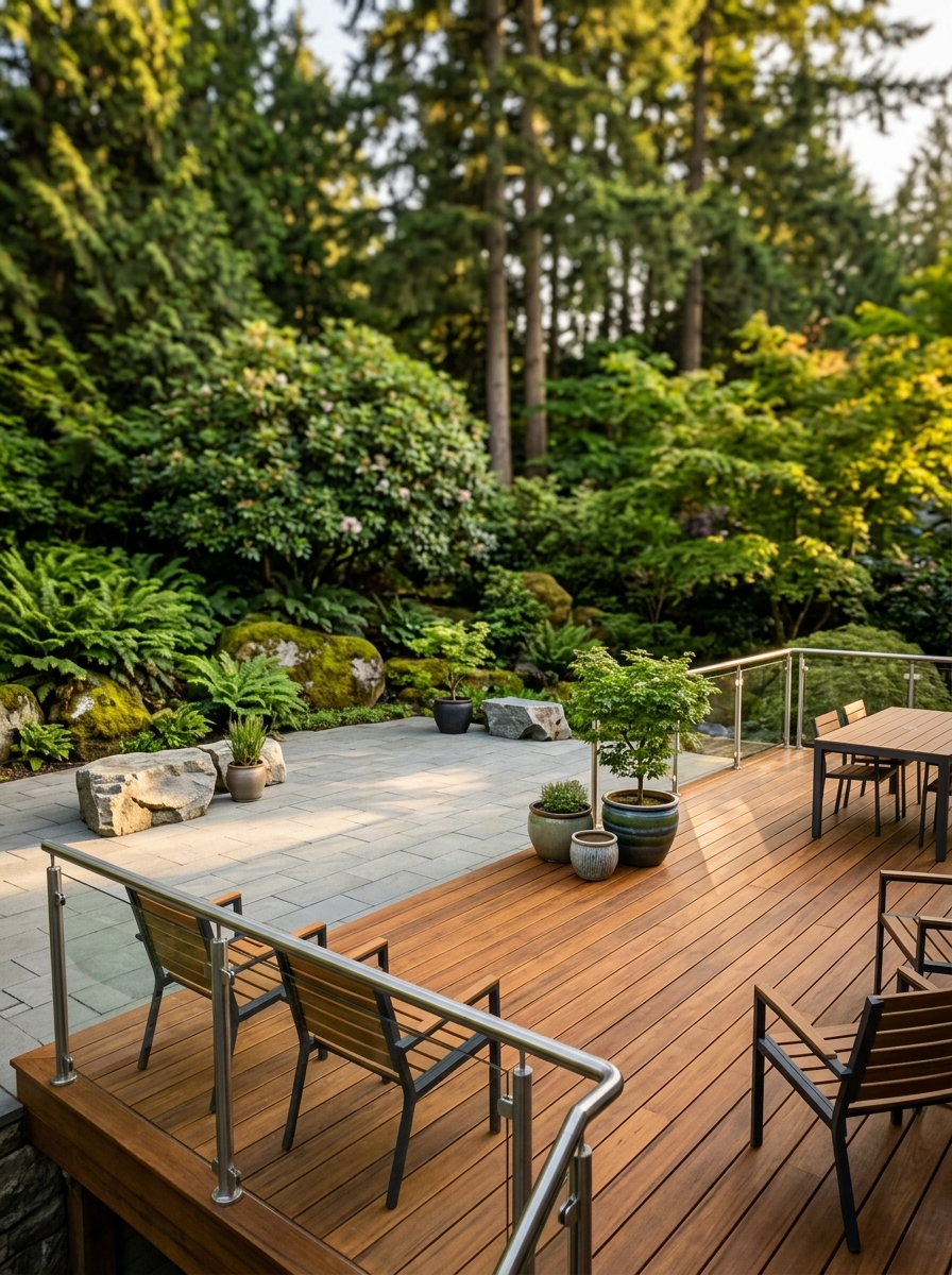 Deck and patio cleaning service Vancouver wood deck and stone patio with Pacific Northwest garden