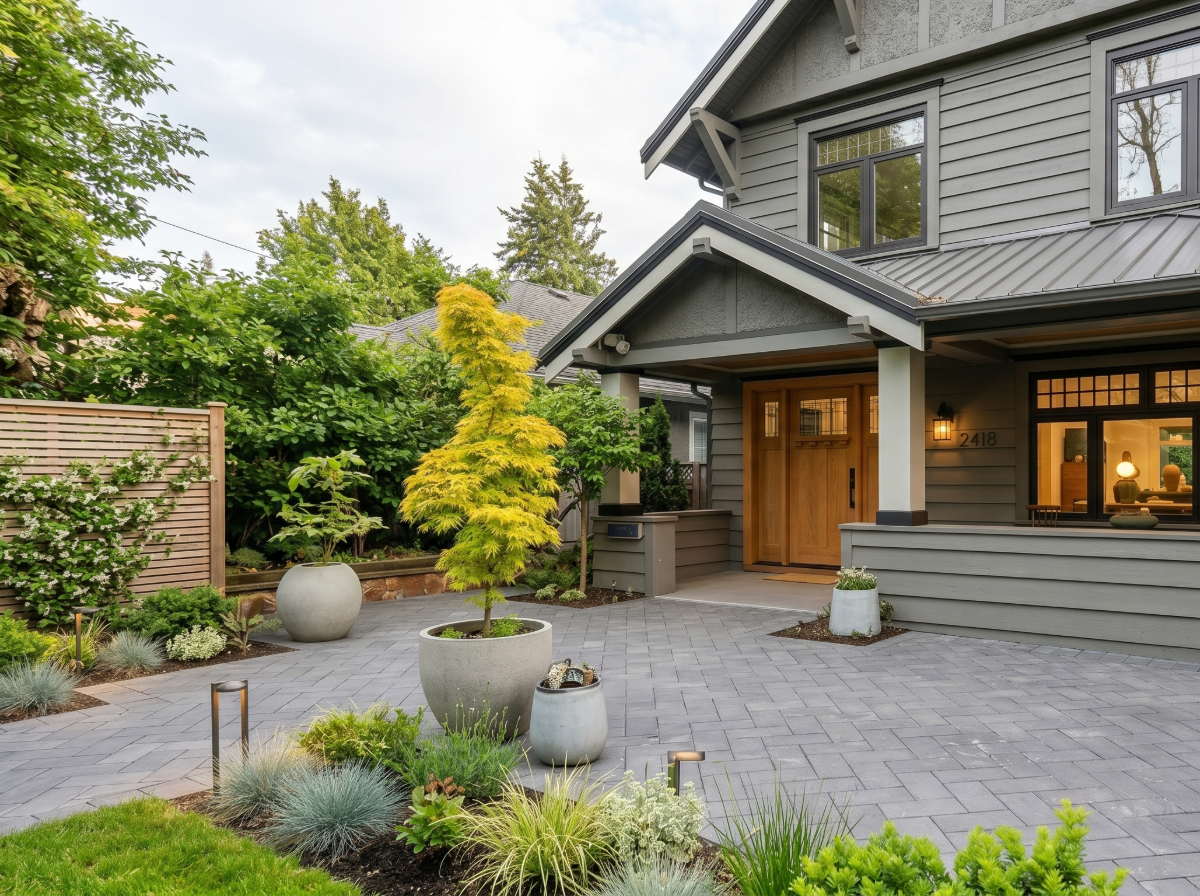 Modern gray house with wooden front door, a paved driveway, and various green plants and trees in large pots in the front yard.