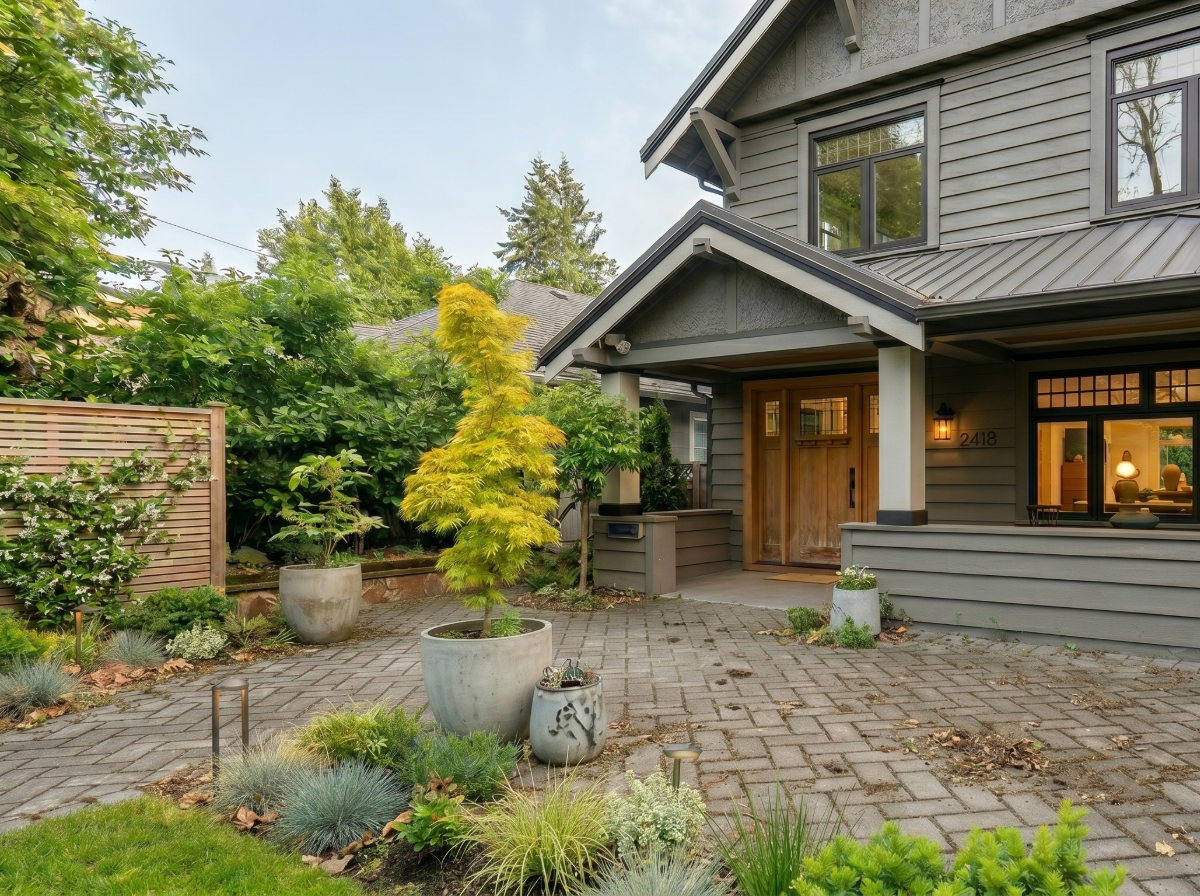 Shingle roof covered with dead leaves, pine needles, and moss near a brick chimney with ivy growing on it.