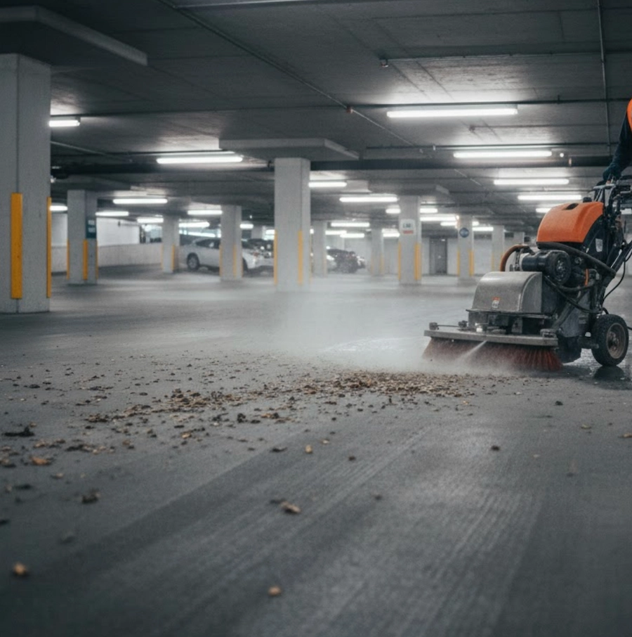 Parkade cleaning Vancouver crew clearing debris from an underground parking level