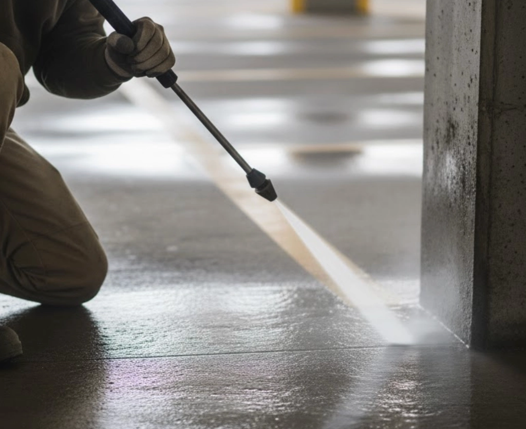 Person pressure washing a concrete floor next to a pillar in a parkade.