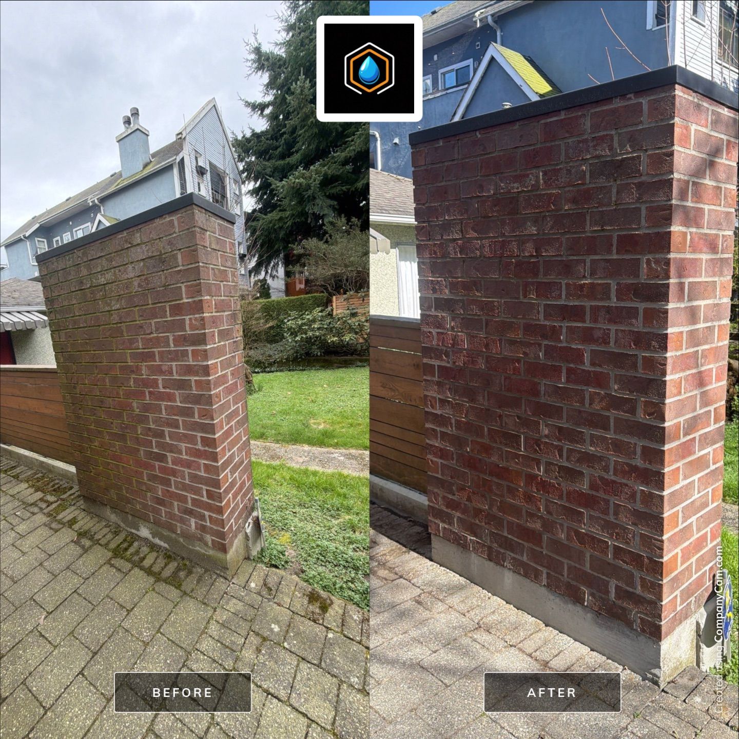 Brick exterior before and after soft washing by WashTech in Vancouver