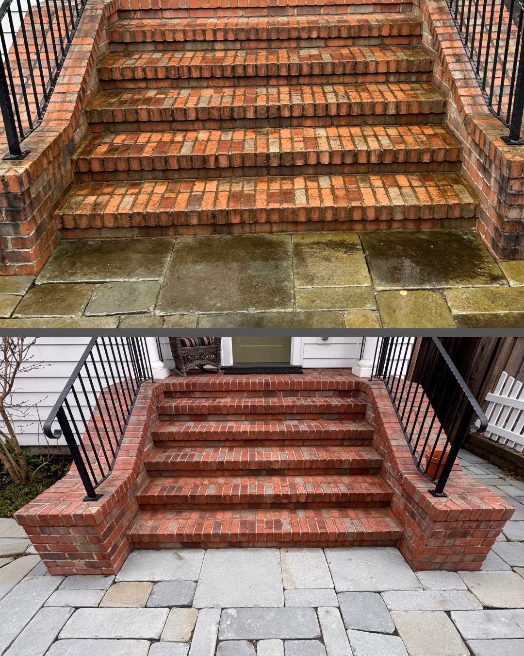Brick exterior before and after soft washing by WashTech in Vancouver