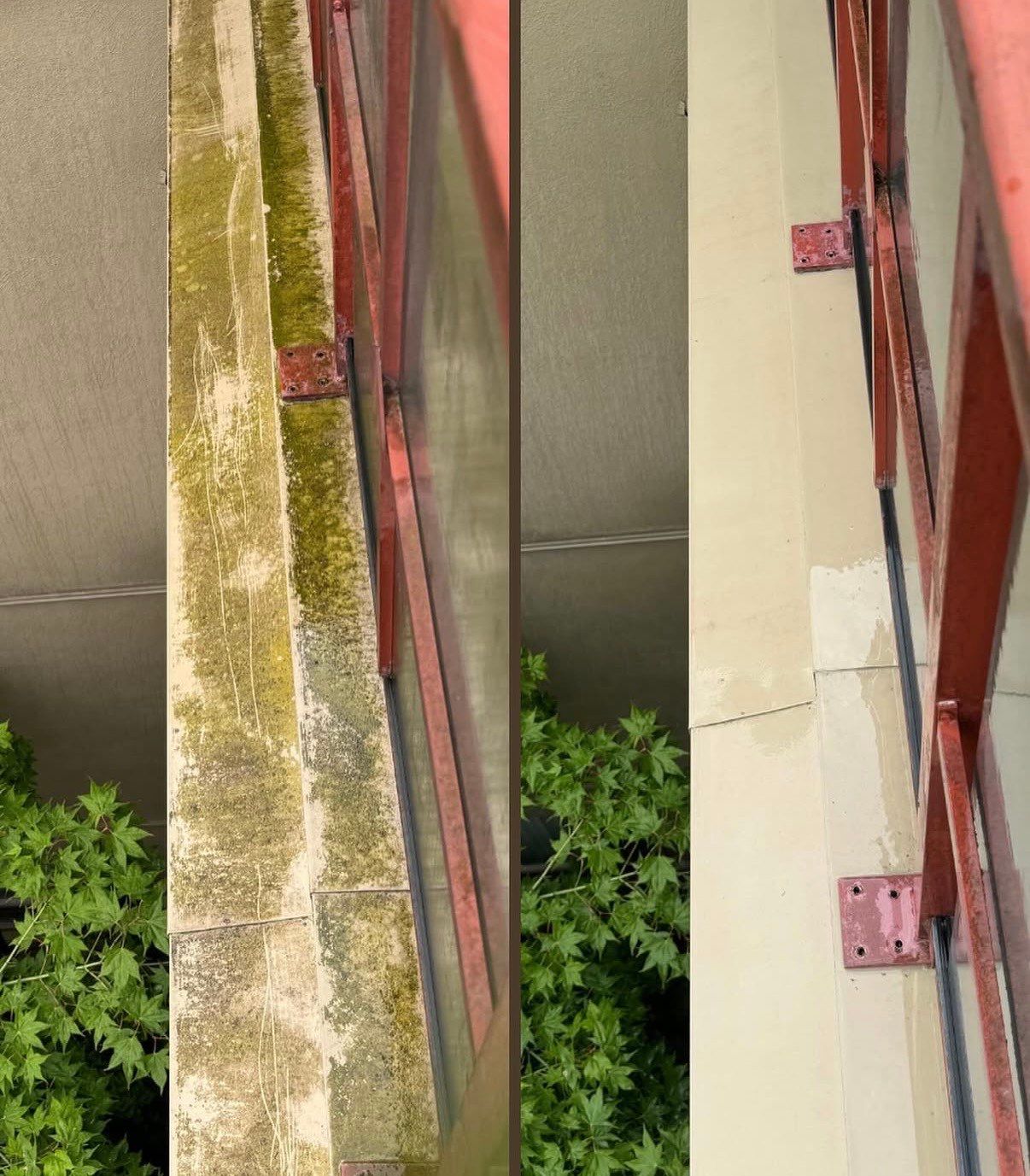 Roof flashing before and after soft washing by WashTech in Vancouver