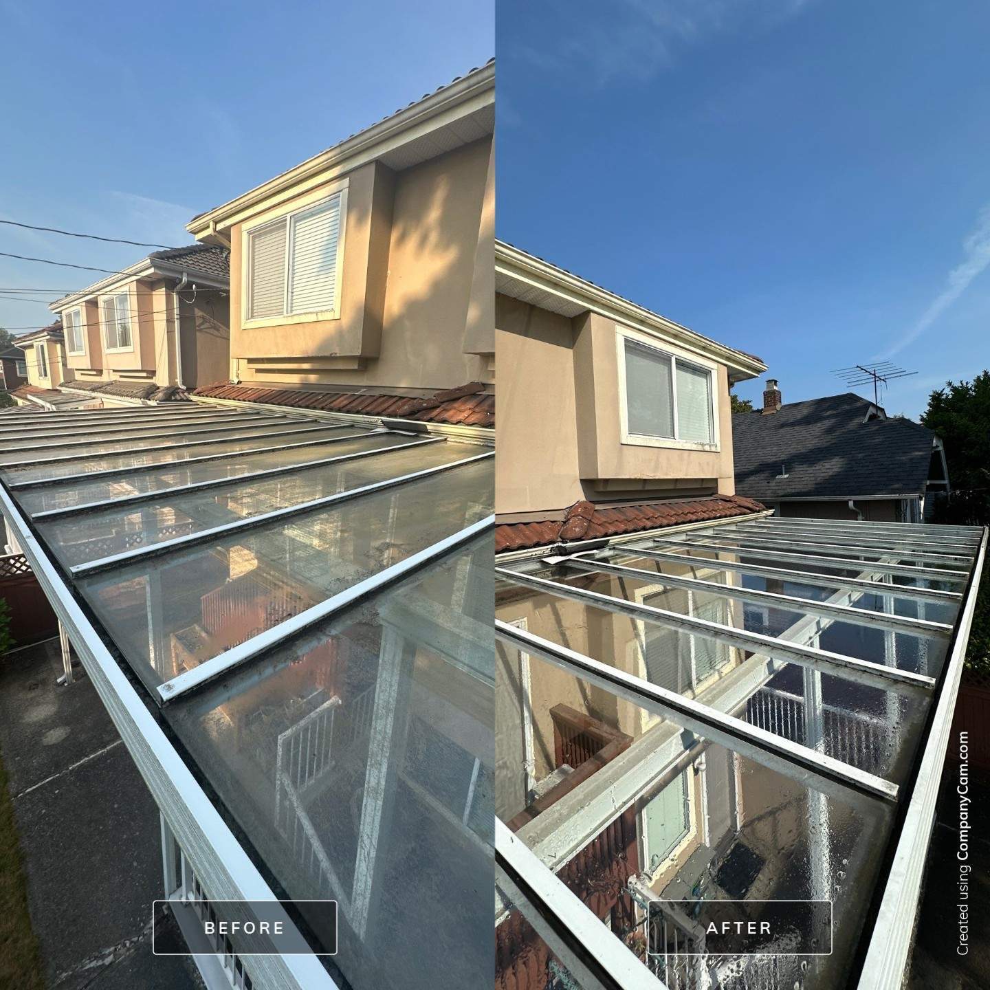 Glass awning before and after washing by WashTech in Vancouver