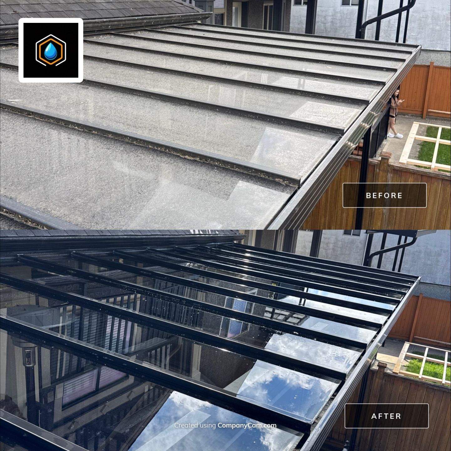 Glass awning before and after washing by WashTech in Vancouver